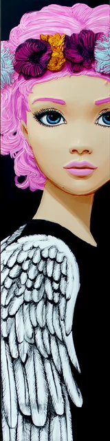 Free angel bookmark featuring an angel with pink hair and a flower crown